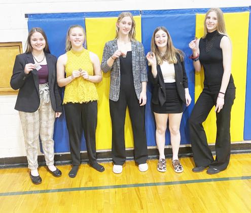 Lewiston's medalists at the D2-1 District Speech Contest-L to R--Leah Christen, 4th, extemporaneous speaking; Ayden Hunzeker, 5th, program oral interpretation; Madeline Janssen, 6th, poetry; Kierstin Rehrs, 2nd, entertainment speaking and state qualifier; Ashlynn Anderson, 4th, poetry.