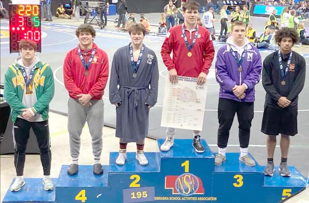HTRS/P.C. Titan wrestler Aiden Worthey stands on the Class C 195 lb. State Wrestling Championship stand in the #2 position. photo courtesy of Pandora Worthey
