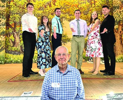Milan Tomek with the cast. He is a charter member of the Table Rock Historical Society and helped save the Opera House almost 60 years ago.