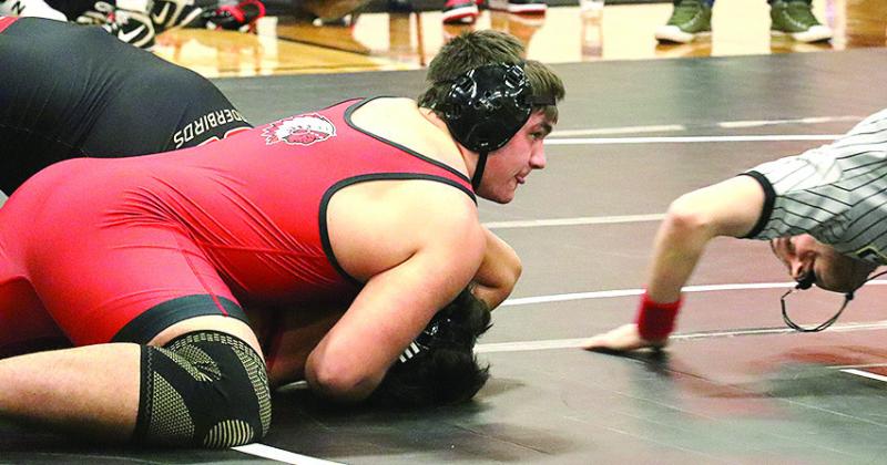 P.C.’s Dylan Layne pins his opponent to the mat at the Pawnee City Double Duals. Paula Jasa/Republican