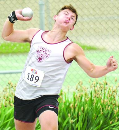 Lewiston’s Brock Janssen threw 45’5 3/4” in the Class D boys’ Shot Put event on Friday. Photo courtesy of Luke Nichols/Beatrice Daily Sun