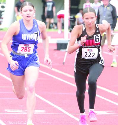 Pawnee City’s Kinsley Benson (#222, right) gets off to a good start in the Class D girls’ 800 M. run on Saturday. Photo courtesy of Stephanie Croston/Seward County Independent