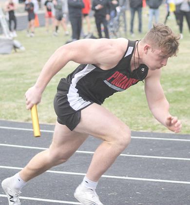 Paula Jasa/Republican P.C.’s Andy Maloley gets off to a quick start in the boys’ 1600 M. Relay. Pawnee City won the final race of the day with a time of 3:44.75