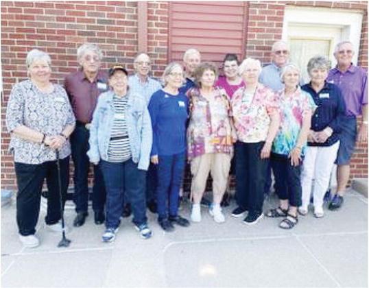 On Friday, May 26, 2023, thirteen members of the Pawnee City High School graduating class of 1963 gathered at the Convent House in Steinauer, Nebraska, to celebrate their Sixtieth Class Reunion. Left to Right: Martha Bock Richard, Cecil Slater, Elaine Greenwade Bottcher, David Crom, Judy Hubka Crawford, Mike Korber, Wauneta Slater McKnight, Joyce Laun Pearson, Carol Koester Doolittle, Joe Fritz, Shirley Popelka Snyder, Phyllis Brown Ideus, Max Martin Jr.
