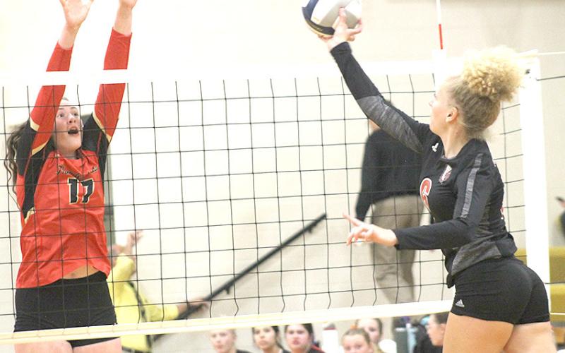 Pawnee City’s Madelyn Osborne (#6, right) goes up for a tip against Johnson County Central in Thursday night’s game. Pawnee City lost in three sets, 12-25, 1525, 12-25 to the Clas C-2 Lady Thunderbirds. Paula Jasa/Republican