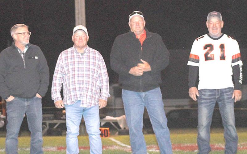 1983 PAWNEE CITY FOOTBALL TEAM - Pictured from left are members of the 1983 Pawnee City undefeated Football team that went 9-0 in their senior year. The players honored at the Pawnee City vs. Sterling game on Friday night were: Jeff Schlender, Scott Vonderfecht, Harold Richardson, Scott Beethe, Brian Droge and John Brown. Not pictured: Eric Dodds and Dennis Koeneke. photo by Paula Jasa/Republican