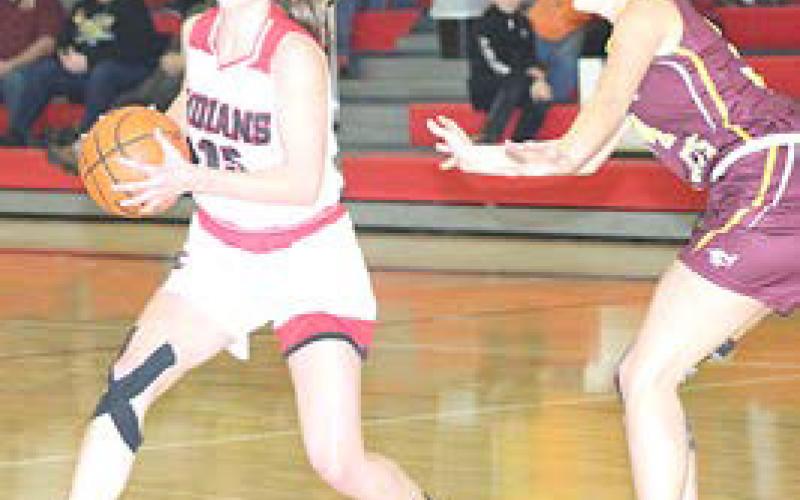 P.C.’s Hallye Friedly (#15, left) works the ball around the top of the key against the Sterling Lady Jets. Paula Jasa/Republican