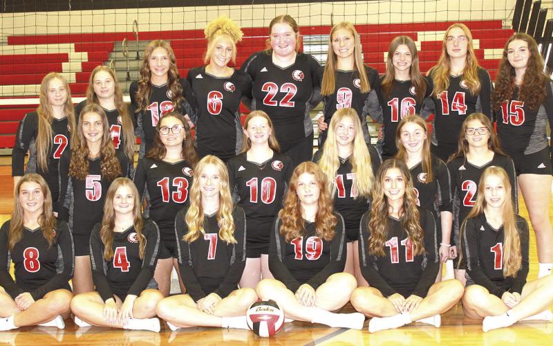 Members of the 2024 Pawnee City Volleyball team are front, from left: Cameron Ottersberg, Madolyn Gottula, Adrian deKoning, Embla Isdal- Rogni, Logan Maloley, Cara Pierce. Second row: Emalyse Gottula, Shayla Puhalla, Kailey Hartman, Abby Dietrich, Kaylee Turnbull, Breonna Gyhra. Back row: Ericca Gyhra, Denielle Gyhra, Kinsley Benson, Maddy Osborne, Addy Sisco, Haylee Plager, Taelyn Blecha, Addison Petersen, Ashlyn Puhalla. Not pictured: Head Coach Jordan Amundson, Asst. Coaches Kacie Gyhra and Lisa Blecha