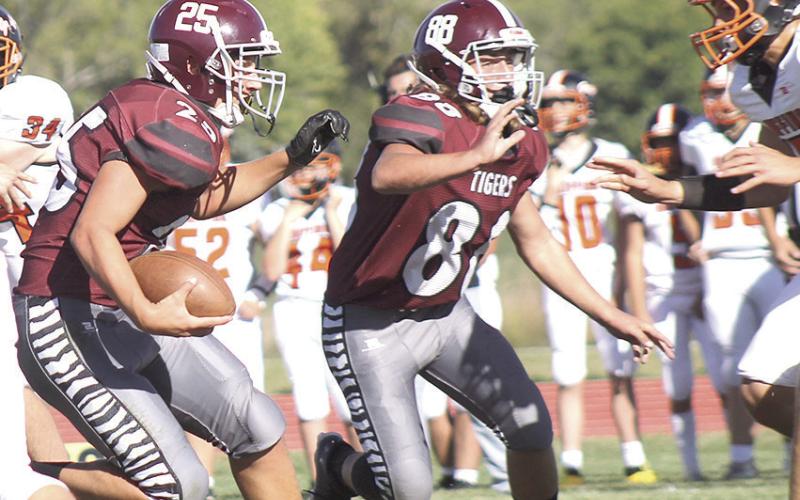 LHS’ Brock Janssen (#25, left) takes off on a run as teammate Zander Wagner (#88, center) gets out in front to block the Griffins. Paula Jasa/Republican
