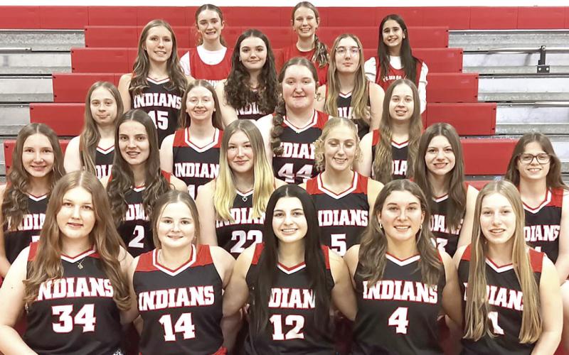 Members of the 2024-25 Pawnee City Girls’ Basketball team are front, from left: Embla Isdal-Rogni, Madolyn Gottula, Neveah Blecha, Cameron Ottersberg, Cara Pierce. Second row: Kinsley Benson, Emalyse Gottula, Abby Dietrich, Maddy Osborne, Taelyn Blecha, Bre Gyhra. Third row: Ericca Gyhra, Kailey Hartman, Adelyn Sisco, Denielle Gyhra. Fourth row: Haylee Plager, Ashlyn Puhalla, Addison Peterson. Back row: Aubrey Sisco, Ainsley Rauner, Sophia Sunneberg.