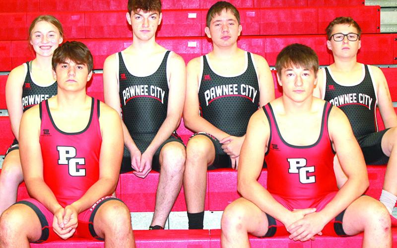 Members of the 2023-24 Pawnee City Wrestling Team are front, from left: Dylan Layne, Jesse McLaughlin. Back row: Kaylee Turnbull, Dante Bassinger, Justin Baehr, Luke Hunzeker. Not pictured: Aiden Tozer, Head Coach Shane Maloley.