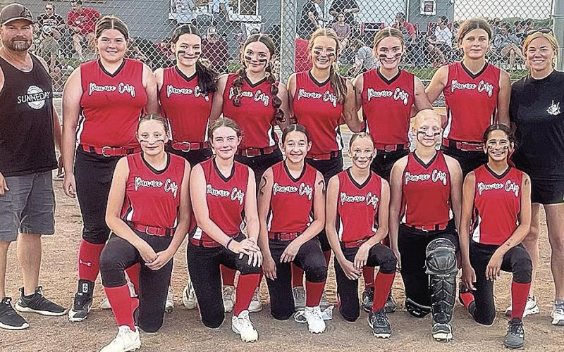 Picture of the PC team. Back row left – right: (Head Coach) Mark Sunneberg Jr, Lilah Yunghans, Ava Schlund, Ashlyn Puhalla, Ainsley Rauner, Aubrey Sisco, Kailyn Jensen, (Assistant Coach) Brittany Sunneberg; Front row left – right: Amelia Strathman, Mallory Hall, Mercy Mclaughlin, Vanessa Gottula, Emma Turnbull, Sophia Sunneberg