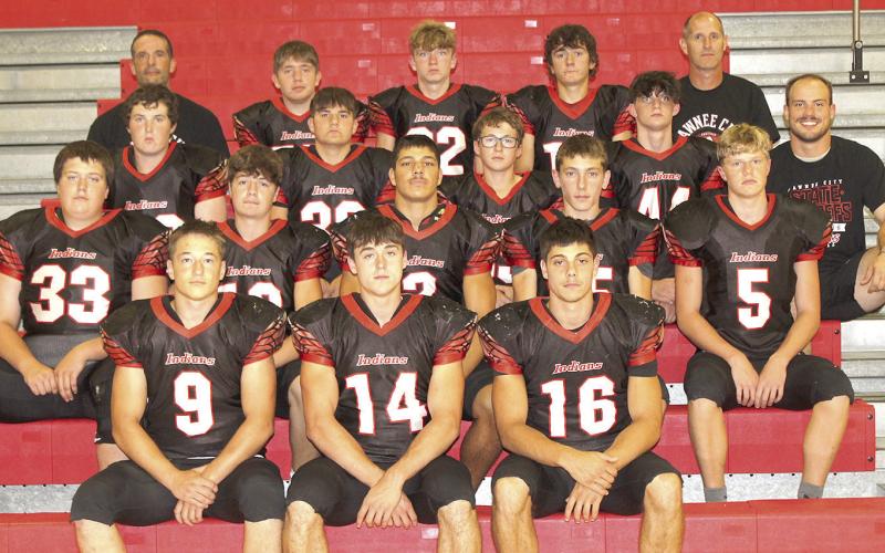 Members of the 2024 Pawnee City Football team are front, from left: Jesse McLaughlin, Jett Farwell, Anthony Kling. Second row: Hayden Binder, Tyler Tegtmeier, Atreyu Kling, Dawson Wilkinson, Cael Johnson. Third row: Aidan Petersen, Dylan Layne, Luke Hunzeker, Malachi Noahr, Asst. Coach Josh Andreson. Back row: Asst. Coach Shane Maloley, Justin Baehr, Payton Rose, Jaydon Johnson, Head Coach Scott Brumbaugh. Not pictured: Asst. Coach Ben Blecha.