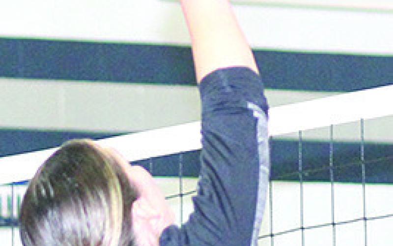 P.C.’s. Logan Maloley (#11) attacks at the net against Lewiston. Paula Jasa/Republican