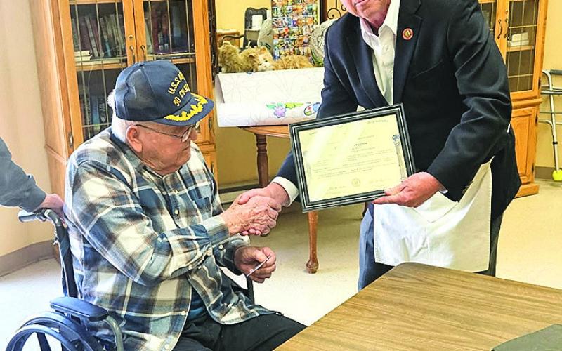 On Saturday, May 2 several Masons from Pawnee Lodge #23 traveled to Colonial Acres Nursing Home in Humboldt, NE where WM David Wetrosky (right) presented Bro. Robert Berggren (left) with his 70 Year Certificate. Berggren's daughter and grandson were in attendance.