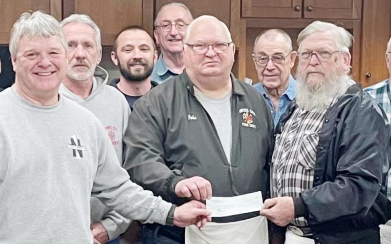 The Masonic Lodge of Pawnee City donated $25,000 to the new fire station. The money will be used for inside work at the station. The check was presented at the Monday night City Council meeting. On hand for the presentation were, from left, Kenneth Klepper, Russ Smith, Gerald Snyder, Mike Habegger, Scott Hanna, Dr. Kent Niss, Leonard Steiner, John Vetrovsky, Gary Bedea, Ed Raper, Ron Leitschuck, Jerry Vrtiska, Charlie Hatfield, Dan Boellstorff, and Ric Helms. Ray Kappel/Republican