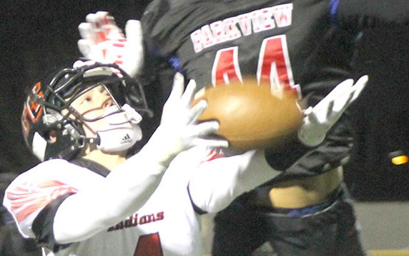 Pawnee City’s Jett Farwell (#4, left) almost changed the momentum of the game when his catch in the end zone was knocked away by Parkview. Paula Jasa/Republican