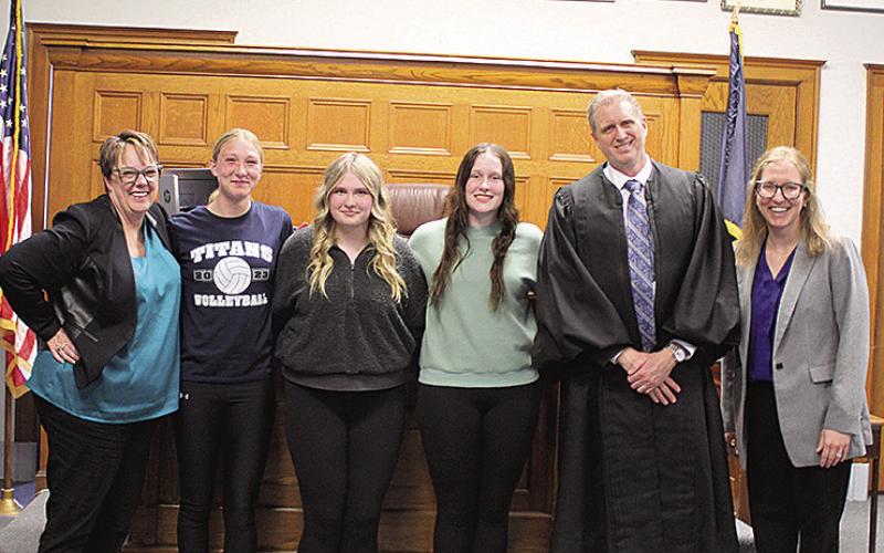 Pawnee County Law Day actors from left to right: Diane Merwin, Makena Dunlap, Adilyn Nincehelser, Lexus Tichy, Judge Jeffrey Gaertig, Emily Sisco