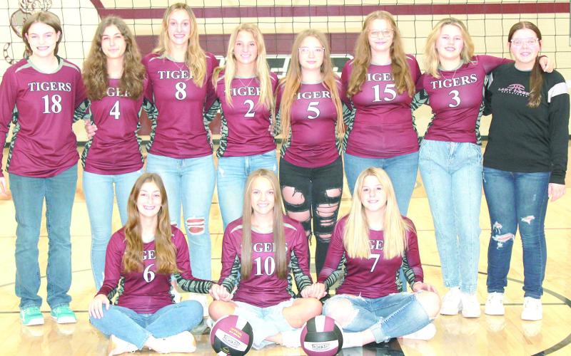 Members of the 2024 Lewiston volleyball team are front, from left: Kierstin Rehrs, Jenna Anderson and DeLanye Currie. Back row: Sara Wiles, Savannah Cutshall, Maddie Janssen, Justice Currie, Jacelyn Cloyd, Vivienne Johnsen, Ayden Hunzeker, Issabel Meyers, s.m. Not pictured: Head Coach Emily Bohling, Asst. Coach Pandora Worthey, Asst. Coach Carli Kohout.
