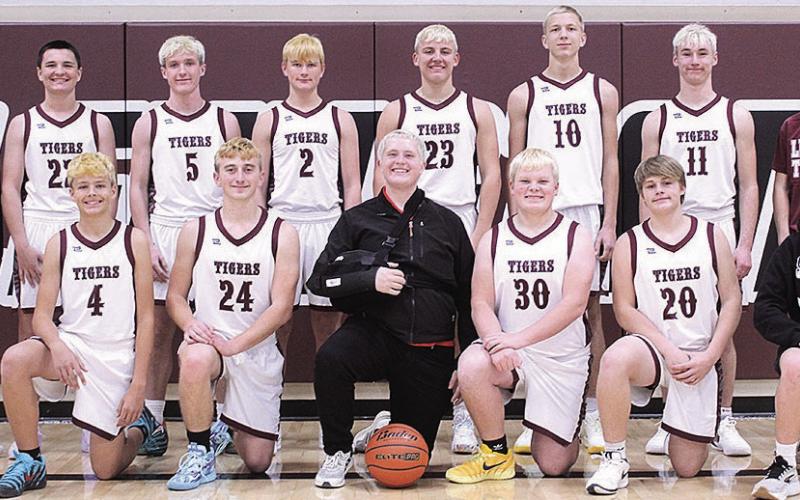 Members of the 2025-26 Lewiston Boys’ Basketball Team are front, from left: Ethan McEvers, Tristen Wagner, Brody Wright, Taven Borcher, Jacob Burns, Dalton Heideman. Second row: Braxton Houseman, Colter Steinacher, Grady Weyers, Cashton Steinacher, Brock Janssen, Chase Rule, Payton Heidemen, Owen Wehrbein. Not pictured: Axel Seeman, Head Coach Kyle Asche, Asst. Coach Treyton Hippen, Asst. Coach Andrew Paquette.