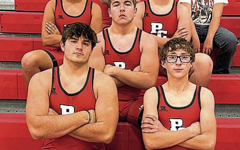 Members of the 2025-26 Pawnee City Wrestling Team are front: Dylan Layne, Luke Hunzeker. Second row: Gauge Schuetz. Third row: Saueng Bouthevong, Joel Strehle. Back row: Addison Boverhuis, Student Manager Parker Schuetz.