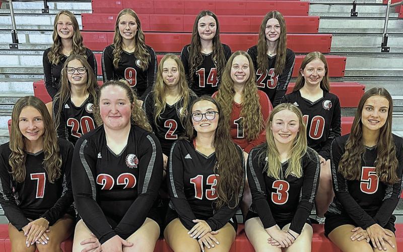Members of the 2025 Pawnee City Volleyball team are front, from left: Kinsley Benson, Adelyn Sisco, Shayla Puhalla, Kaylee Turnbull, and Emalyse Gottula. Second Row: Breonna Gyhra, Ericca Gyhra, Denielle Gyhra, and Kailey Hartman. Third Row: Ainsley Rauner, Haylee Plager, Ashlyn Puhalla, and Taelyn Blecha. Not pictured: Abby Dietrich, Madelyn Osborne, Head Coach Jordan Amundson, Assistant Coaches Kacie Gyhra and Lauren Moser, Student Managers Aubrey Sisco and Sophia Sunneberg.