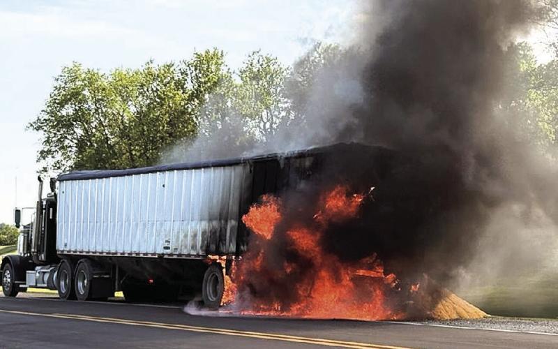 David Thomason's grain truck. The back caught fire due to friction caused by a blown tire. Photo courtesy of Laura Poskochil