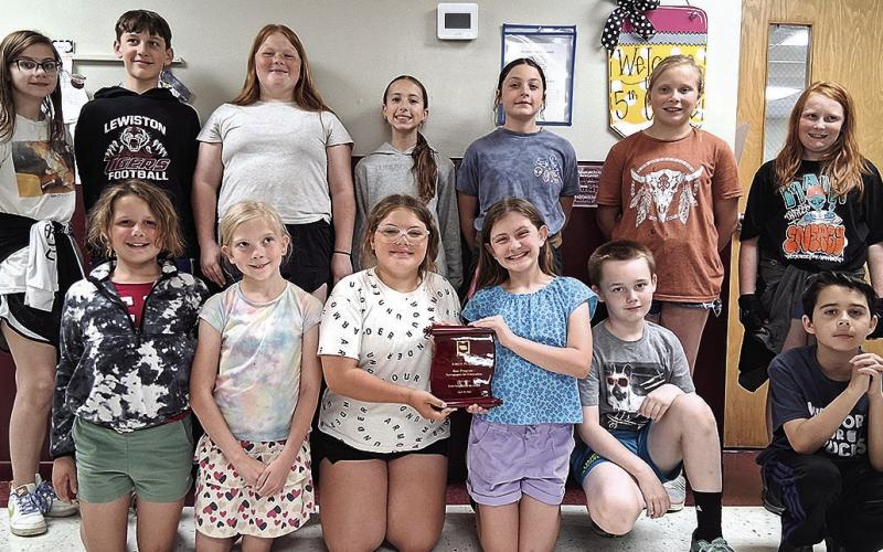 Lewiston 5th graders. Back Row: (Left to right) Sophia Meyers, Nolan Janssen, Avery Busing, Delaney Rohmeyer, Aubrey Petersen, Peyton Keedy, Juniper Melroy. Front row: Aarya Peck, Shyanne Peck, Blair Shields, Eloise Campbell, Liam Cookus, Sylas Peck