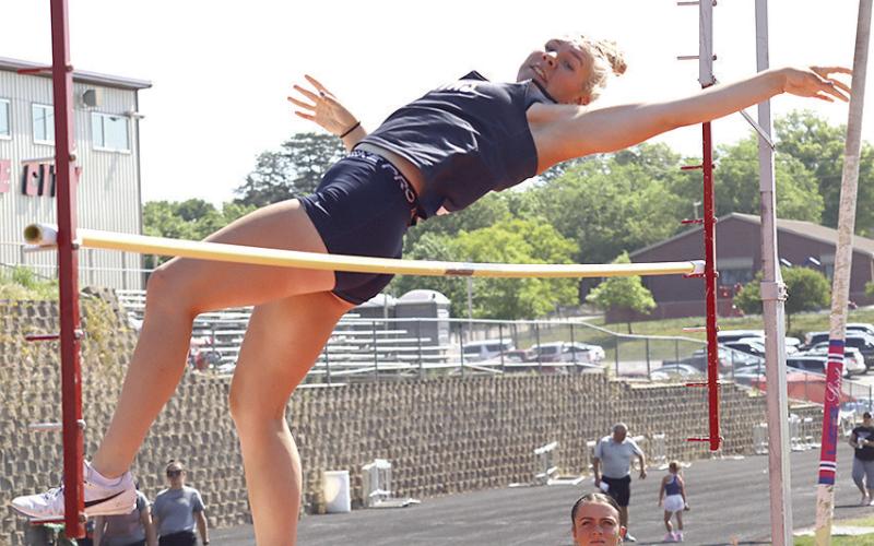 HTRS’ Elie Bstandig pushed the pole and her way into the State Track Meet by clearing 7’8” in the Class D-1 Girls’ Pole Vault event.