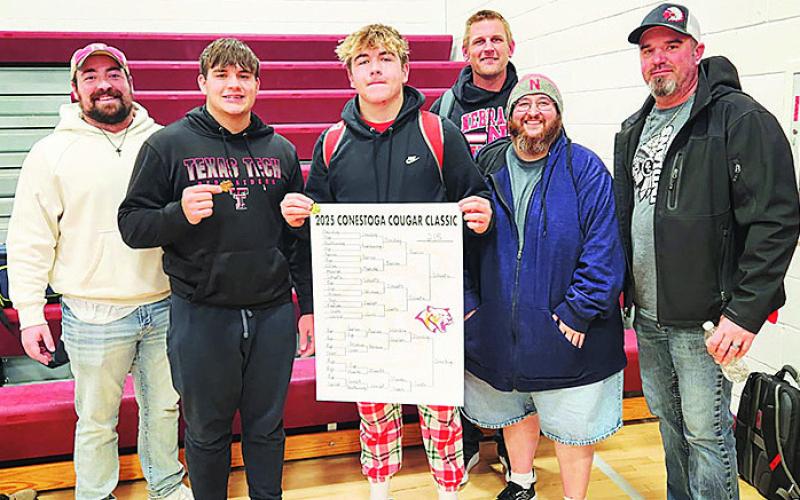 Pictured(L to R) Assistant Coach Koalton Taiclet, Dylan Layne (3rd place), Gauge Schuetz (Champion), Head Coach Jacob Schuetz, Coach Jacob Otero, Coaches Assistant Michael Layne