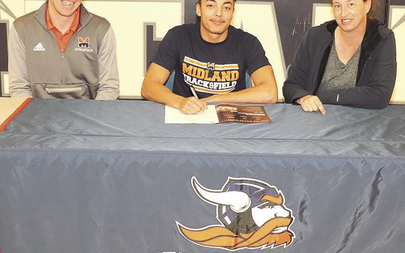 McQueen signs with Midland University – Humboldt Table Rock Steinauer’s JJ McQueen recently signed a letter of intent to participate in track at Midland University. Pictured are from left, Daniel Gerber (Head Coach of Midland's track and field team), JJ McQueen and mom, Alicia Manley.