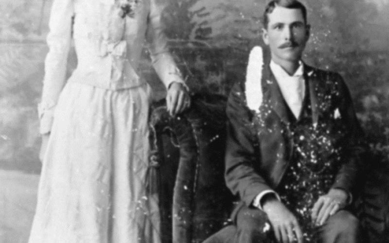 1891:Wedding portrait of Della Purcell and Parker McCoy, taken at Mahan &amp;amp; Wallace in Pawnee City.