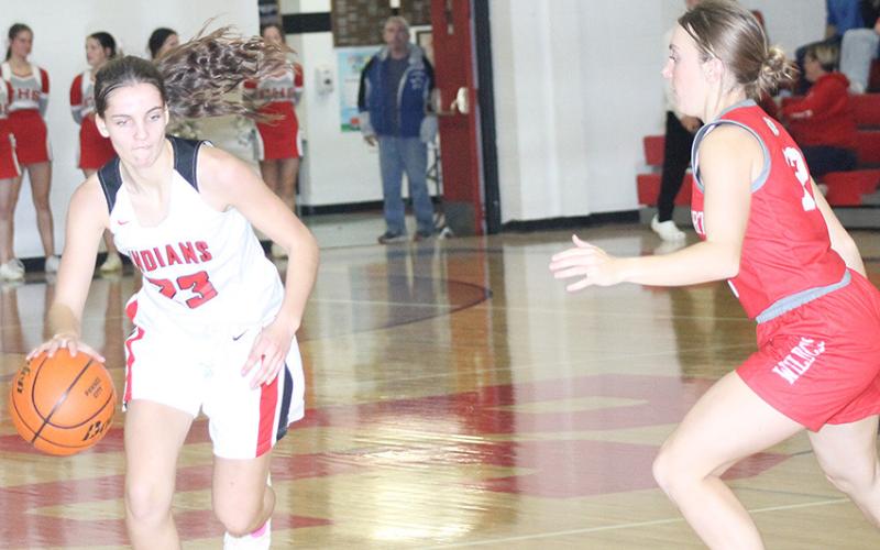 P.C.’s Emalyse Gottula brings the ball down against Frankfort, Ks. in the Lady Indians’ home opener. Gottula scored 5 points in the game to lead Pawnee City. Paula Jasa/Republican