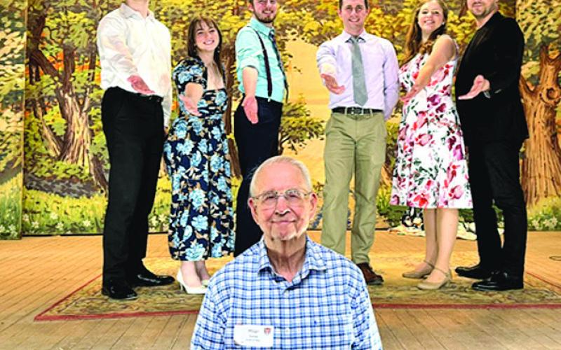 Milan Tomek with the cast. He is a charter member of the Table Rock Historical Society and helped save the Opera House almost 60 years ago.