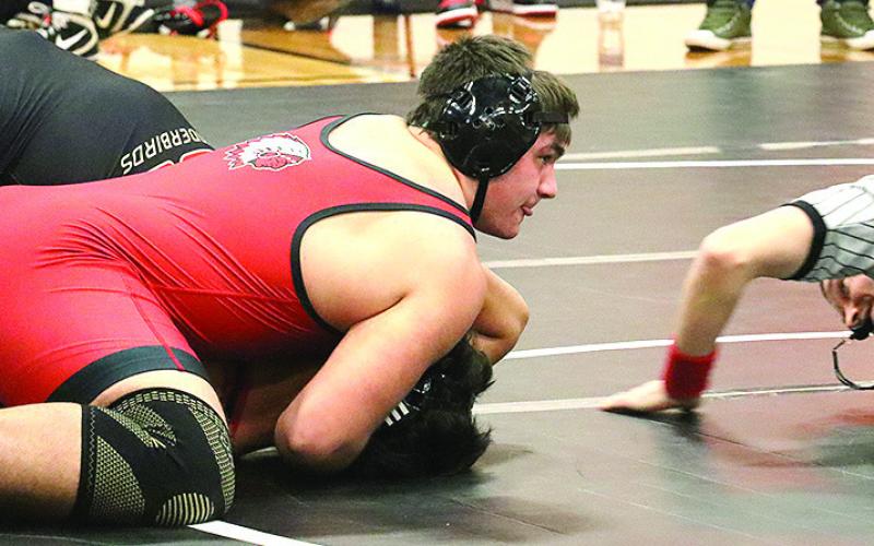 P.C.’s Dylan Layne pins his opponent to the mat at the Pawnee City Double Duals. Paula Jasa/Republican