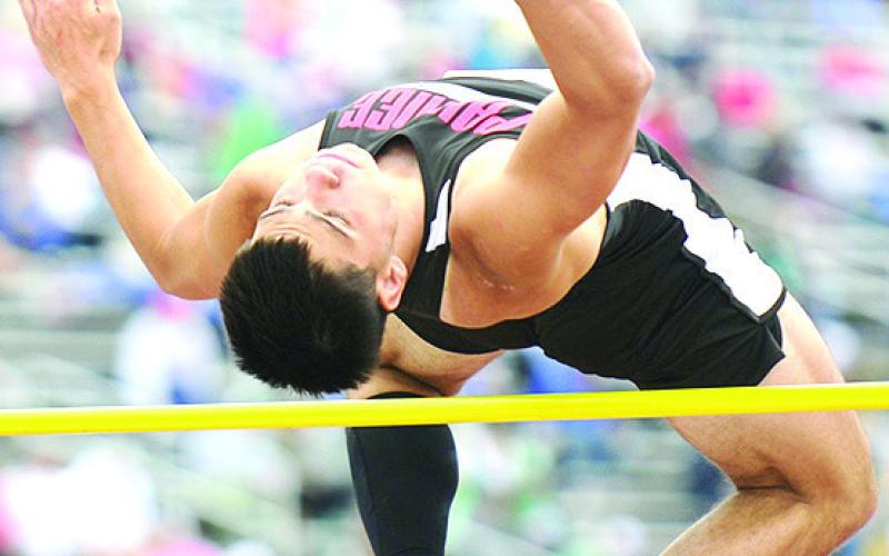 Pawnee City’s Anthony Kling clears the High Jump bar on Friday in the boys’ Class D event at 5’10”. Photo courtesy of Luke Nichols/Beatrice Daily Sun
