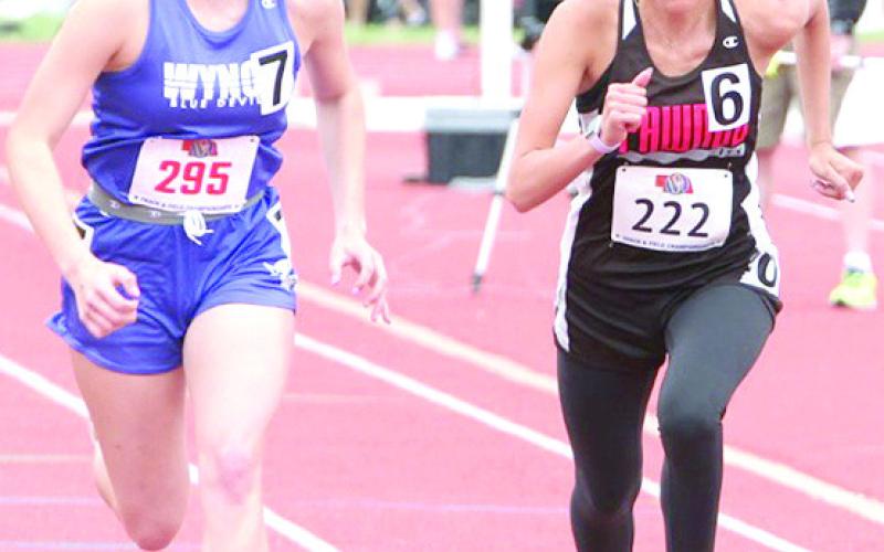 Pawnee City’s Kinsley Benson (#222, right) gets off to a good start in the Class D girls’ 800 M. run on Saturday. Photo courtesy of Stephanie Croston/Seward County Independent