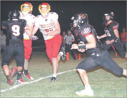 P.C’s Anthony Kling (right) heads to the end zone on one of his three trips there against Red Cloud. Kling had 18 carries for 139 yards and 3 TD’s against R.C. Paula Jasa/Republican