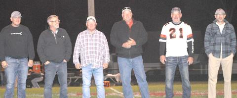 1983 PAWNEE CITY FOOTBALL TEAM - Pictured from left are members of the 1983 Pawnee City undefeated Football team that went 9-0 in their senior year. The players honored at the Pawnee City vs. Sterling game on Friday night were: Jeff Schlender, Scott Vonderfecht, Harold Richardson, Scott Beethe, Brian Droge and John Brown. Not pictured: Eric Dodds and Dennis Koeneke. photo by Paula Jasa/Republican