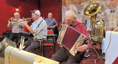 Bob on the button accordion during a dance in Table Rock.
