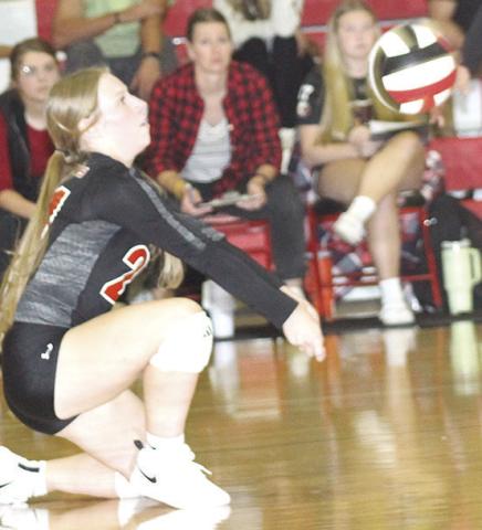 Paula Jasa/Republican P.C.’s Cara Pierce sends a serve receive pass to the front row against Southern last Tuesday night.