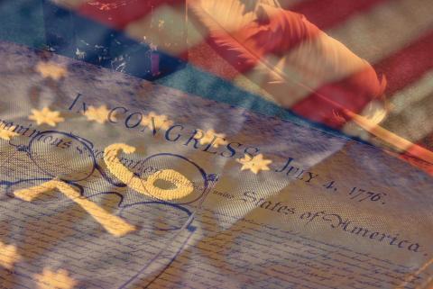 America 250 cup design, 1776 flag over image of The Declaration of Independence