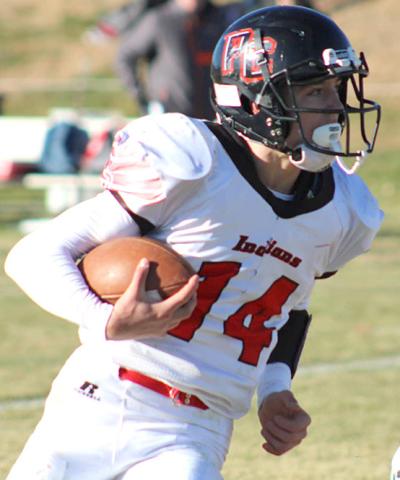 P.C.’s Jett Farwell (#14) had 11 carries for 135 yards and 4 TD’s against Potter-Dix. photo courtesy of Jamie Maloley