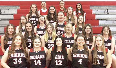 Members of the 2024-25 Pawnee City Girls’ Basketball team are front, from left: Embla Isdal-Rogni, Madolyn Gottula, Neveah Blecha, Cameron Ottersberg, Cara Pierce. Second row: Kinsley Benson, Emalyse Gottula, Abby Dietrich, Maddy Osborne, Taelyn Blecha, Bre Gyhra. Third row: Ericca Gyhra, Kailey Hartman, Adelyn Sisco, Denielle Gyhra. Fourth row: Haylee Plager, Ashlyn Puhalla, Addison Peterson. Back row: Aubrey Sisco, Ainsley Rauner, Sophia Sunneberg.