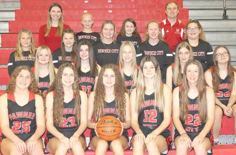 Members of the 2021-22 Pawnee City Girls’ Basketball team are front, from left: Cameron Ottersberg, Madison Lytle, Emily Lytle, Mallory Branek and Hallye Friedly. Second row: Madolyn Gottula, Neveah Blecha, Cara Pierce, Claire Kaster and Kayla Snyder. Third row: Ainsley Rauner, Taelyn Blecha, Kennadi Benson, Alyssa Pierce and Riana McAhon. Fourth row: Head Coach Kealyn Ensminger, Emma Turnbull, Piper Eubanks and Coach Kluck. Not pictured: Sara Wiemers.