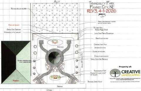 This diagram from Creative Landscaping shows the planned layout of Tranquility Park. The project does not yet have a start date.