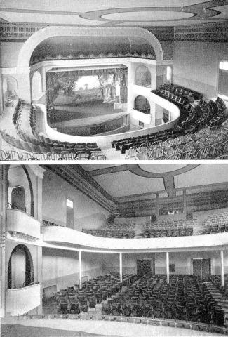 Pawnee City Opera House. Top looking down on the stage from the balcony. Bottom looking out at the seating.