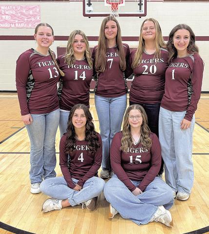 The Lewiston Lady Tigers Volleyball team from left to right: (Front Row) Savannah Cutshall, Vivienne Johnson (Back Row) Izzy Meyers, Zoey Pospichal, Brooklyn Eggert, Kaitlyn Lehmann, Caitly Muir
