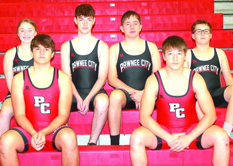 Members of the 2023-24 Pawnee City Wrestling Team are front, from left: Dylan Layne, Jesse McLaughlin. Back row: Kaylee Turnbull, Dante Bassinger, Justin Baehr, Luke Hunzeker. Not pictured: Aiden Tozer, Head Coach Shane Maloley.