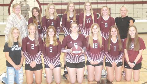 Members of the 2022 Lewiston volleyball team are front, from left: Justice Currie, s.m., Madeline Janssen, Kiersten Rehrs, Sara Wiemers, DeLanye Currie, Leah Christen, Jenna Anderson, s.m. Back row: Asst. Coach Emily Bohling, Jaqueline Mullins, Emma deKoning, Katelyn Sanders, Meagan Sanders, Carleigh Weyers, Coach Whitney Antons.
